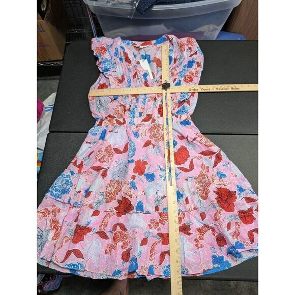 Bb Dakota Steve Madden On The Ruffle Split Neck Pleated Mini Dress Pink Multi Wo - Picture 6 of 6